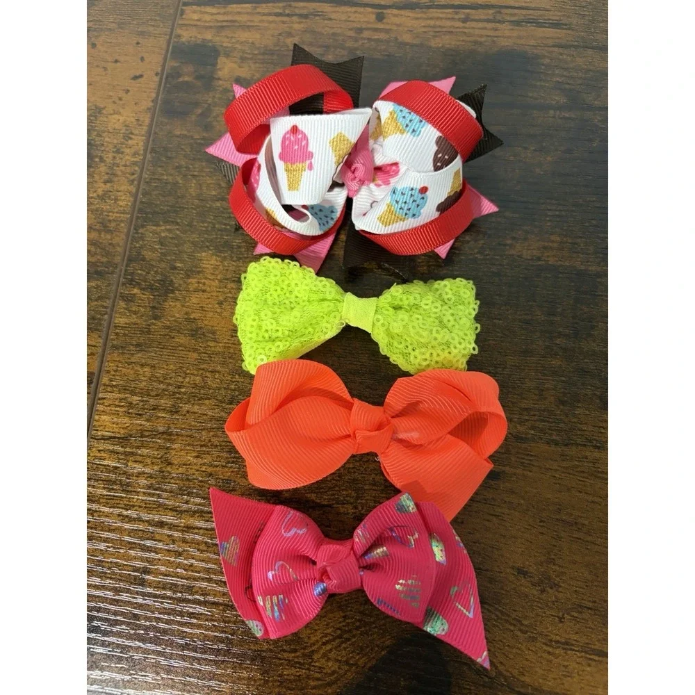 Lot Of 4 Bow Hair Clips For Dolls / Plush Etc Colorful‎ Red Orange Green